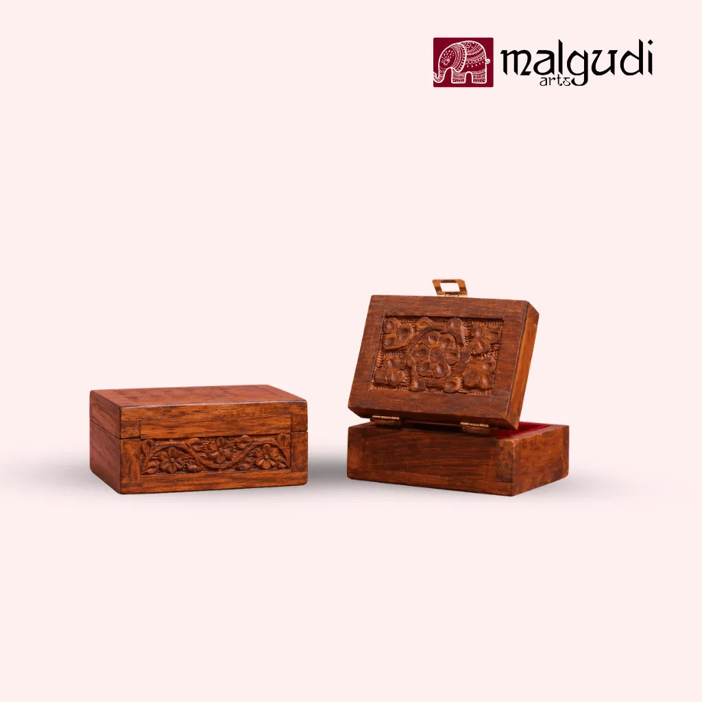 Handcarved Wooden Jewelry Box with Floral Carving & Brass Latch | Small Storage Organizer