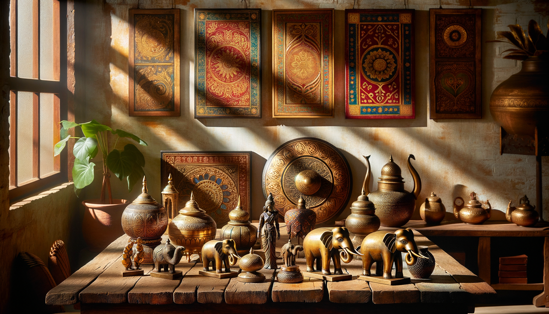 handcrafted brass and wooden decor pieces glowing in warm, natural indian light