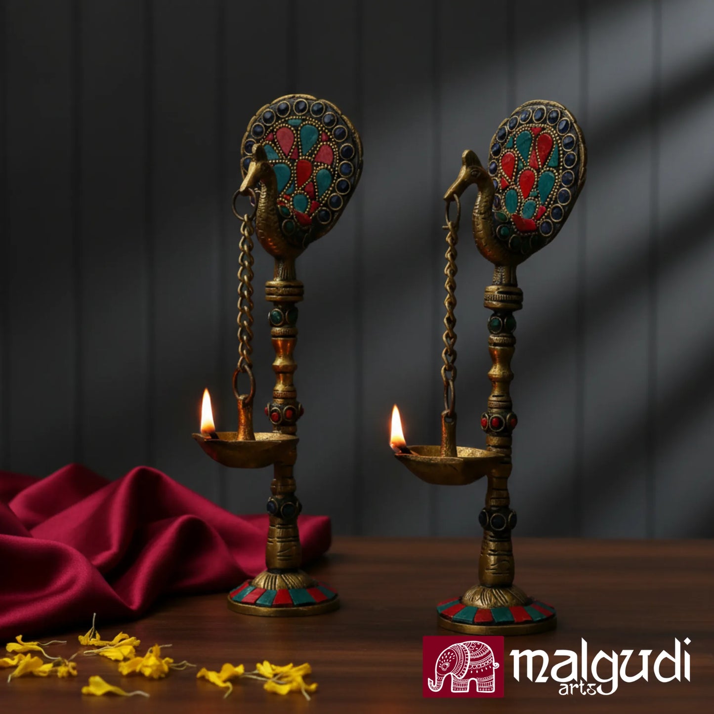 Set of 2 Brass Hanging Peacock Diyas with Chain – Multicolor Deepam Oil Lamps, 16-Inch