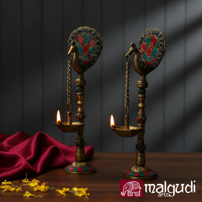 Set of 2 Brass Hanging Peacock Diyas with Chain – Multicolor Deepam Oil Lamps, 16-Inch