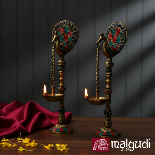Set of 2 Brass Hanging Peacock Diyas with Chain – Multicolor Deepam Oil Lamps, 16-Inch