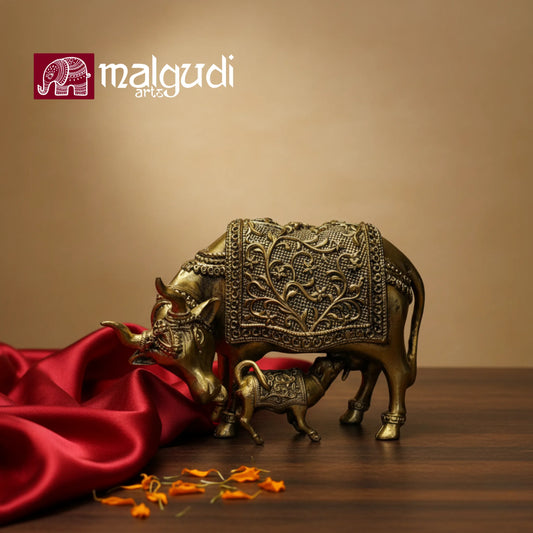 Brass Cow with Calf (Kamdhenu), 100% Bronze