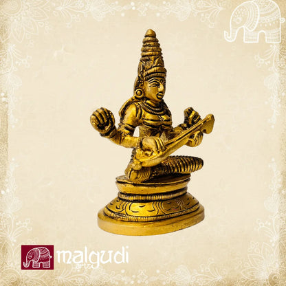 Brass statue of Saraswati playing veena