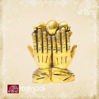 Golden Ganesha between open hands, 100% Brass