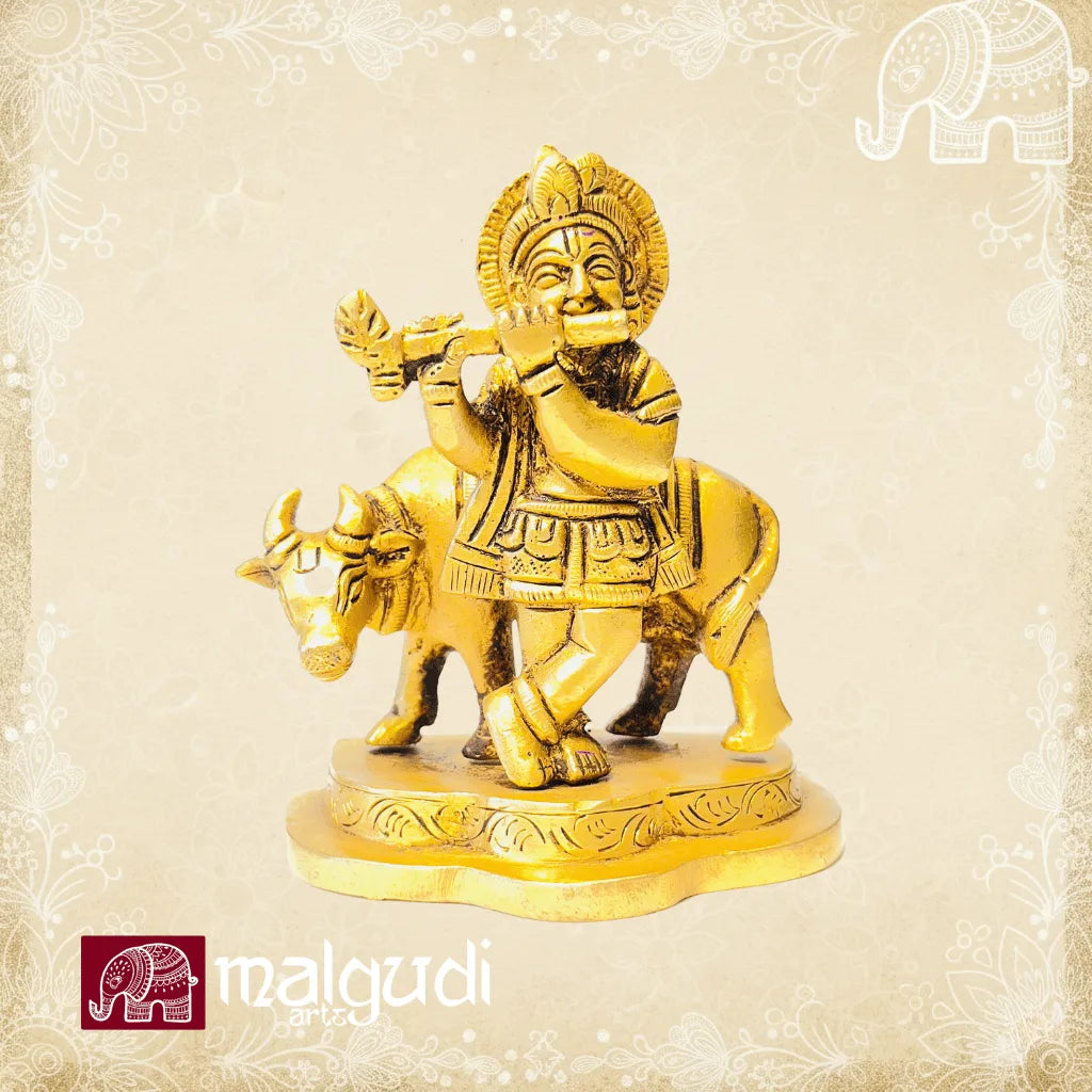 Krishna and cow in brass elegance