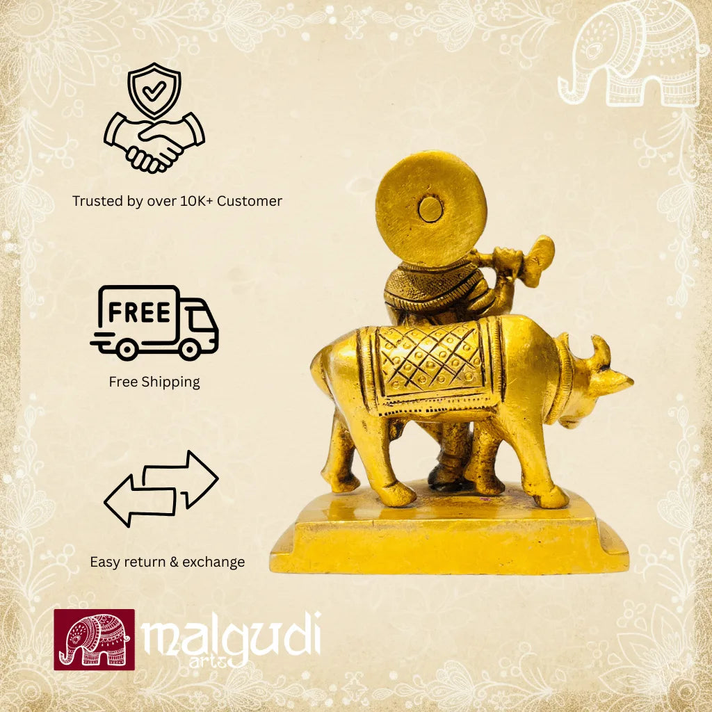 Krishna and cow in brass elegance