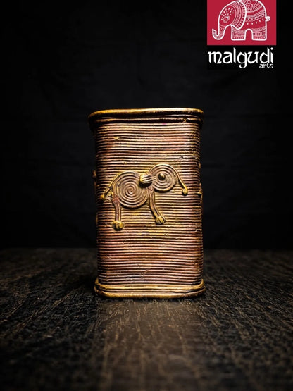 Handcrafted Tribal Metal Art Desk Organizer | Antique Finish Brass Pen Holder | Traditional Indian Home & Office