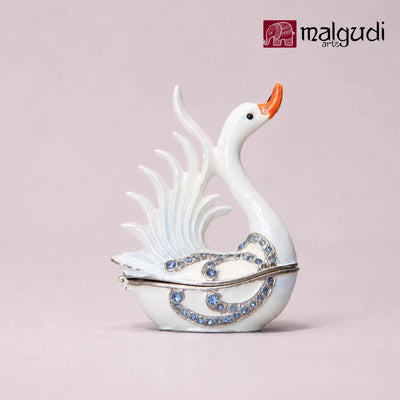 White Swan enamel trinket box, Jewelry organizer, Hand painted