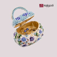 White Enamel tinker box, pumpkin shape, Hand painted jewelry organizer