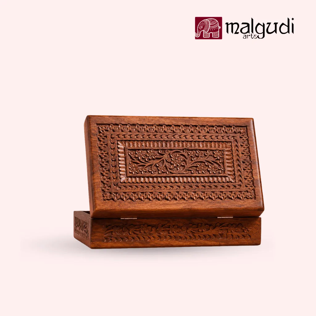 Handcarved Wooden Jewelry Box with Floral Carving & Brass Latch  | Storage organizer | Medium size