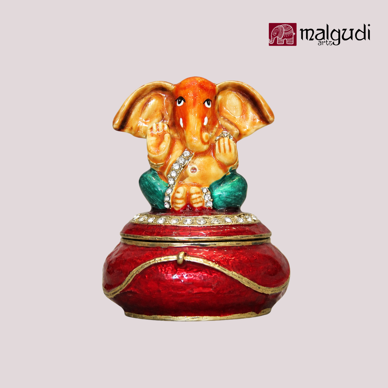 Lord Ganesh trinket box of red color, hand painted enamel jewelry/pooja organizer