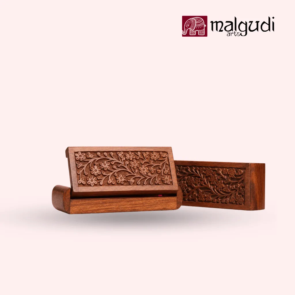 Handcarved Wooden Jewellery Box with Intricate Floral Carvings & Brass Latch | Small Storage Organizer