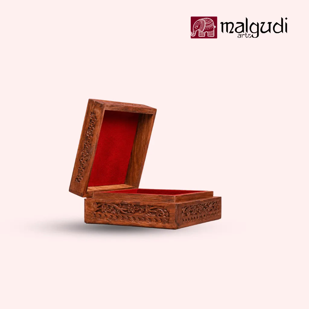 Handcarved Wooden Jewelry Box with Floral Carving & Brass Latch  | Storage organizer | Medium size