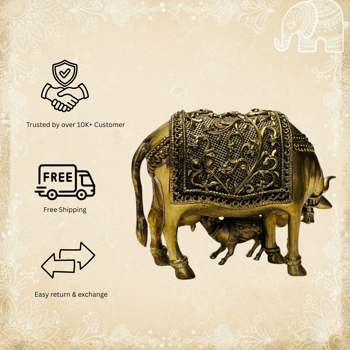 Brass Cow with Calf (Kamdhenu), 100% Bronze