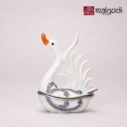 White Swan enamel trinket box, Jewelry organizer, Hand painted