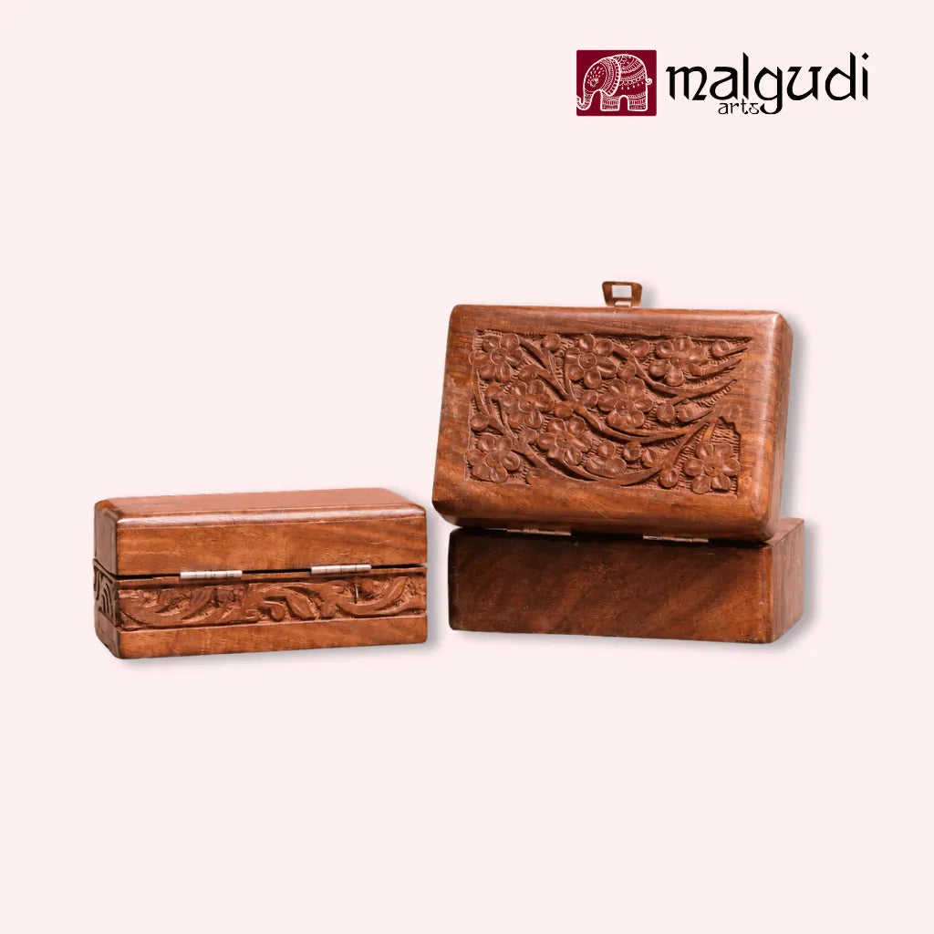 Handcarved Wooden Jewelry Box with Floral Carving & Brass Latch | Small Storage Organizer