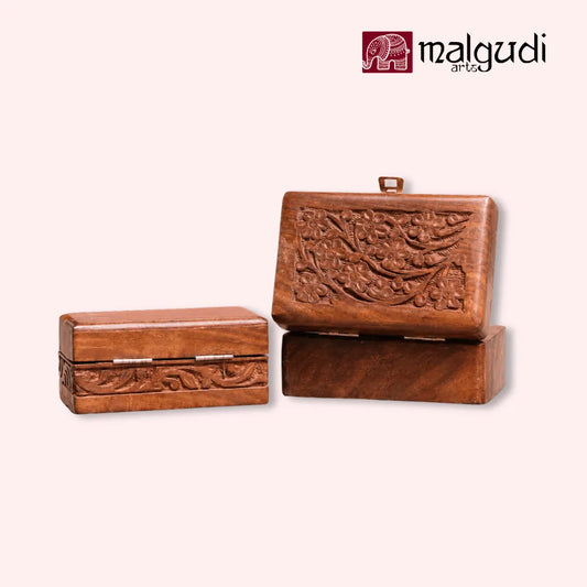 Handcarved Wooden Jewelry Box with Floral Carving & Brass Latch | Small Storage Organizer