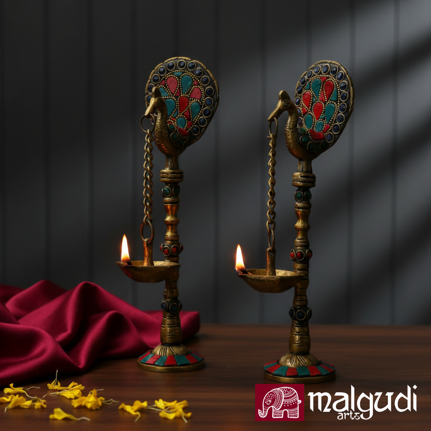 Set of 2 Brass Hanging Peacock Diyas with Chain – Multicolor Deepam Oil Lamps, 16-Inch