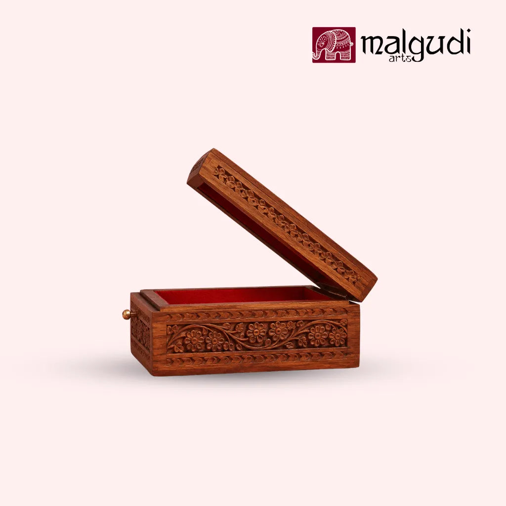 Handcarved Wooden Jewelry Box with Floral Carving & Brass Latch  | Storage organizer | Medium size