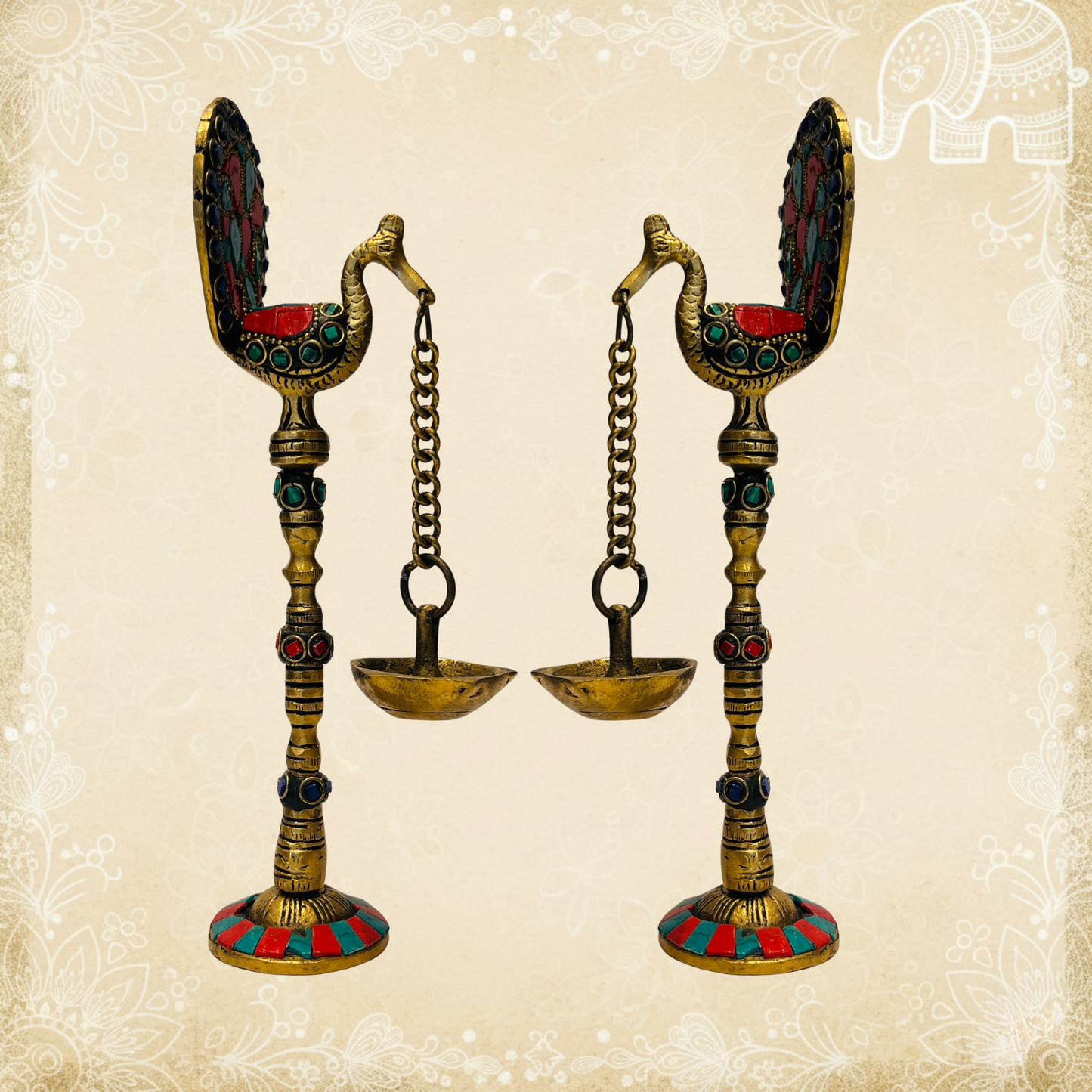 Set of 2 Brass Hanging Peacock Diyas with Chain – Multicolor Deepam Oil Lamps, 16-Inch