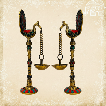 Set of 2 Brass Hanging Peacock Diyas with Chain – Multicolor Deepam Oil Lamps, 16-Inch