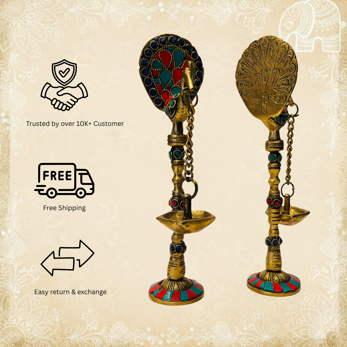 Set of 2 Brass Hanging Peacock Diyas with Chain – Multicolor Deepam Oil Lamps, 16-Inch