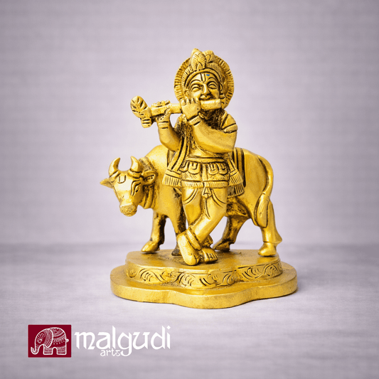 Krishna and cow in brass elegance