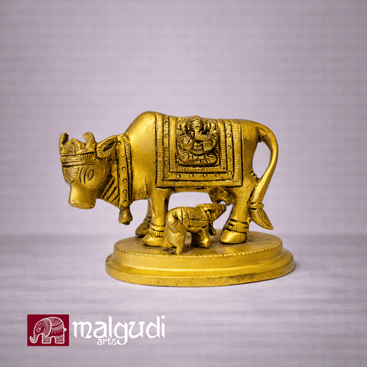 Brass Cow and Calf, with Ganesha engraving