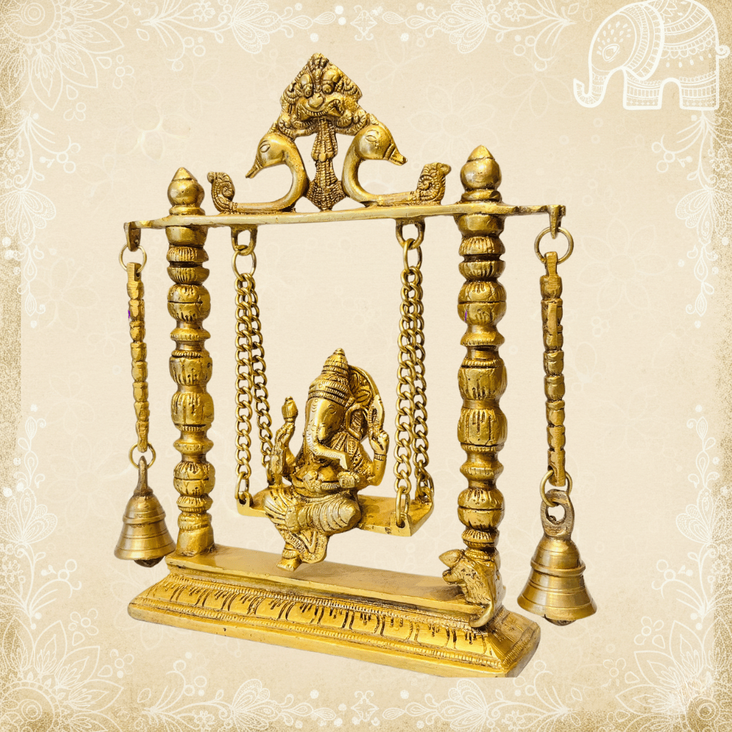 Ornate brass Ganesh on swing, with chain and bells