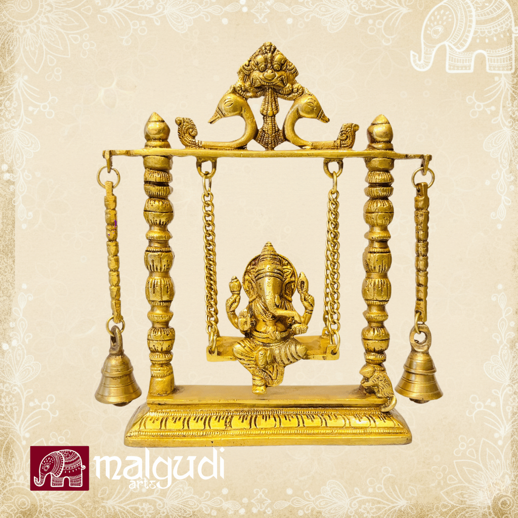 Ornate brass Ganesh on swing, with chain and bells