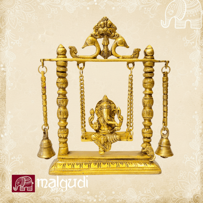Ornate brass Ganesh on swing, with chain and bells
