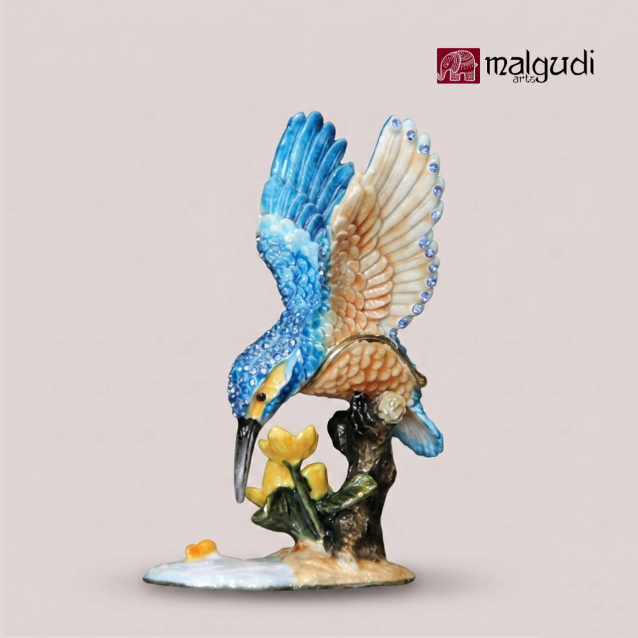 Hand painted enamel Kingfisher trinket box, blue color