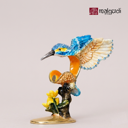 Hand painted enamel Kingfisher trinket box, blue color