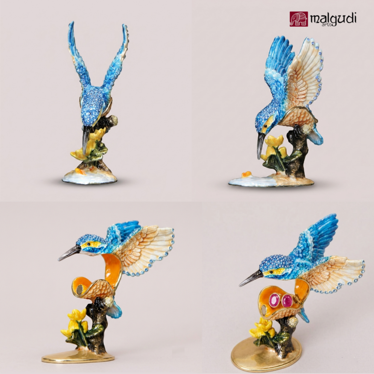 Hand painted enamel Kingfisher trinket box, blue color