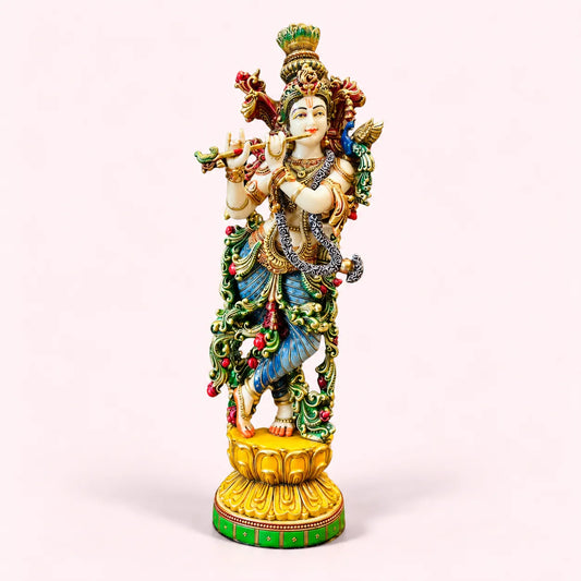 Krishna playing flute, marble with colored